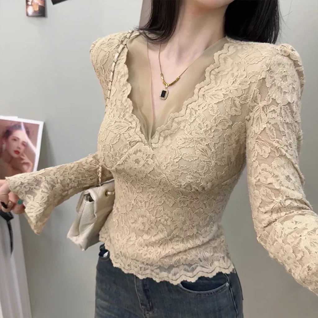 蕾丝加绒性感长袖打底衫女保暖2025新款气质别致洋气修身内搭上衣