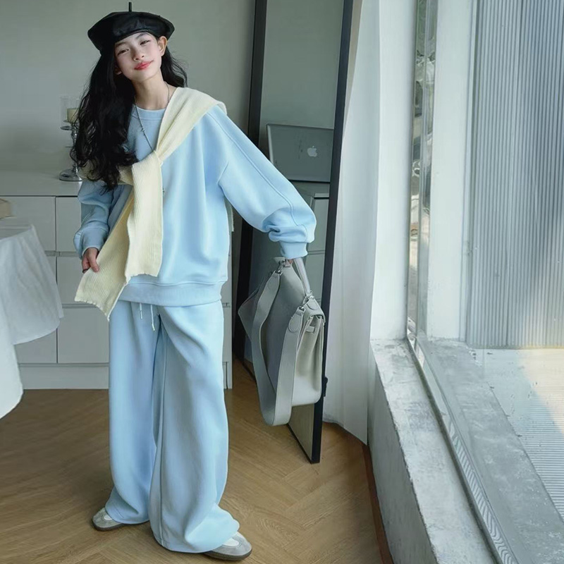 女童卫衣套装韩系慵懒洋气休闲上衣百搭披肩直筒阔腿裤三件套2025