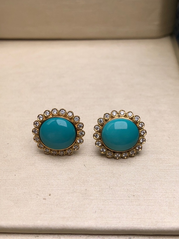 湖北十堰文鹏精品原矿绿松石18k金耳钉