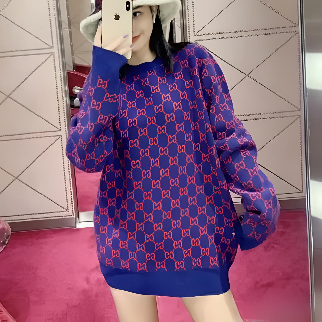 99新 GUCCI/古驰 积分-100汤/P205944459/拼色满印毛衣 L码