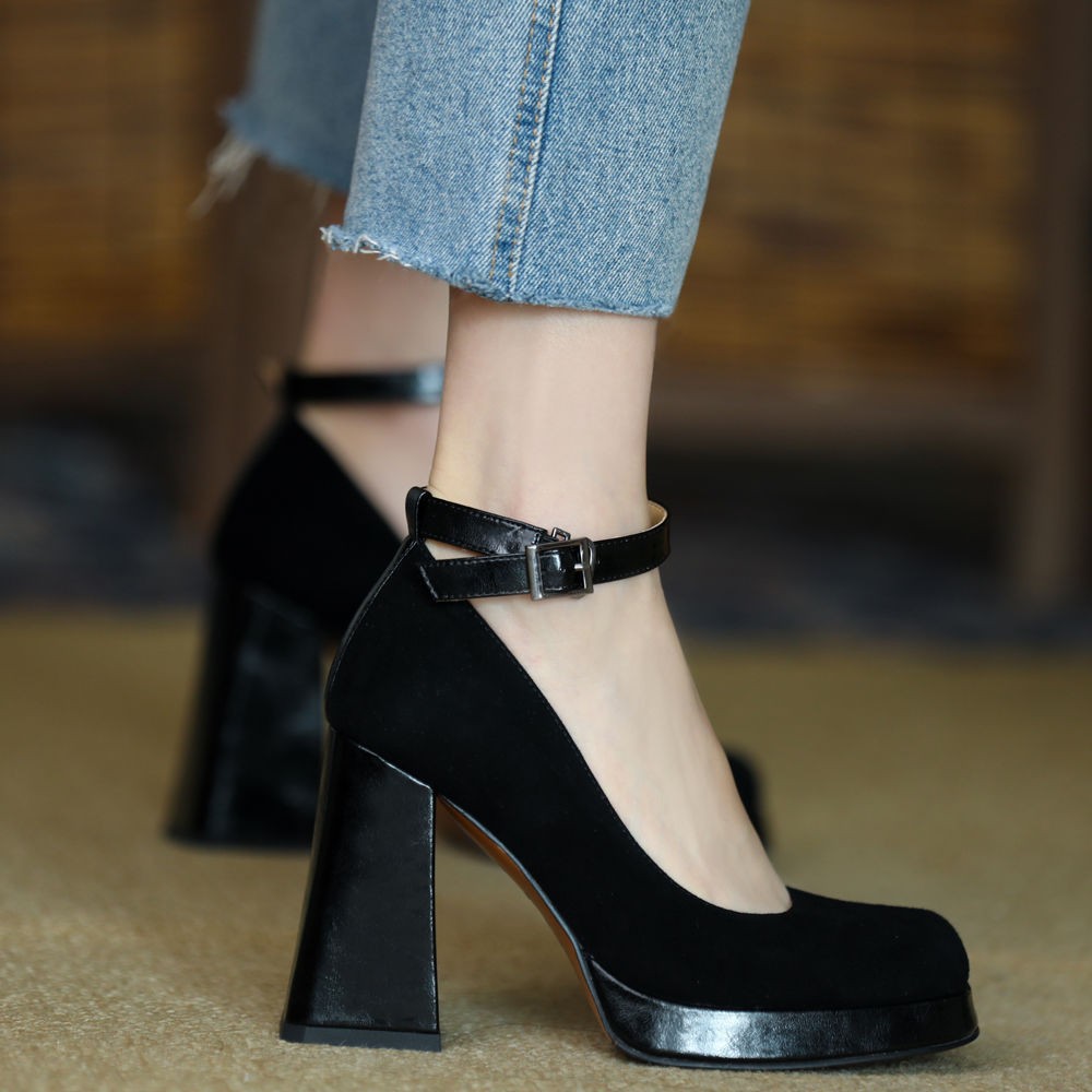 73孤品36成都手工真皮断码特价女鞋羊翻皮浅口高跟鞋法式玛丽珍