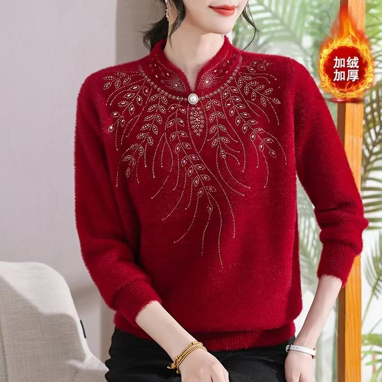妈妈装一体绒保暖长袖毛衣时尚风中老年女装半高领旗袍领衫9146