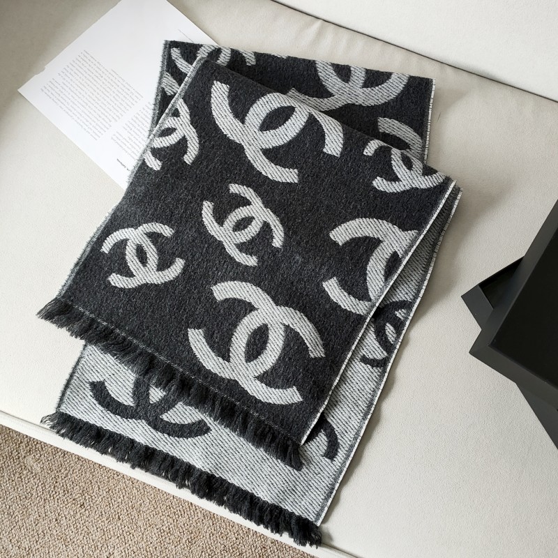 未使用 Chanel/香奈儿 Azul-26C黑灰绵羊毛双面双C围巾围巾53866