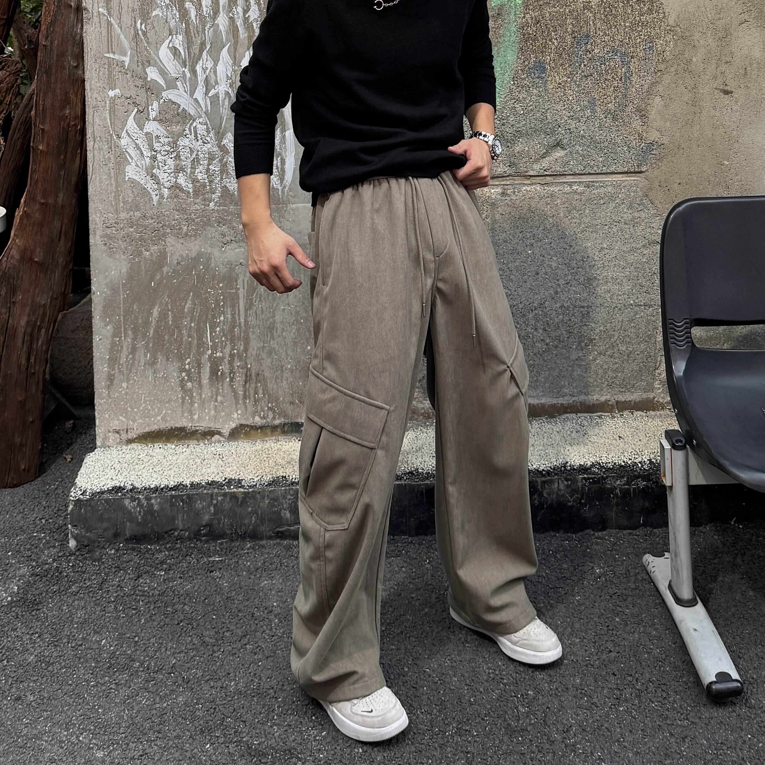 【BH】studio美式复古多口袋灯芯绒弯刀工装长裤设计感宽松百搭裤子