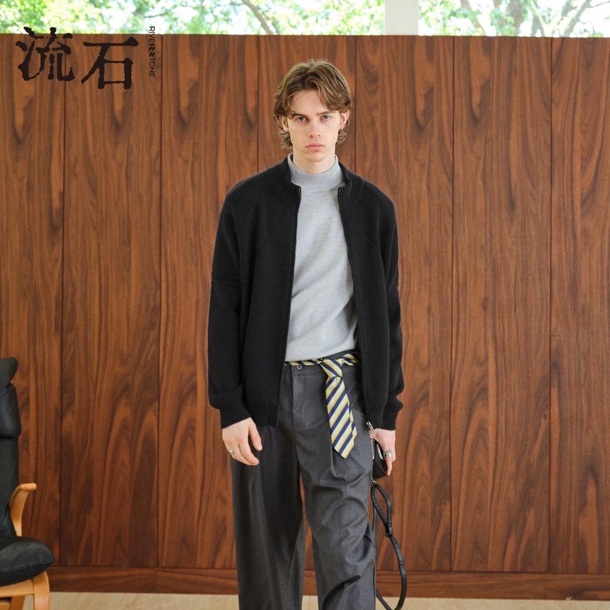 秋冬季双拉链针织开衫男士宽松慵懒风立领保暖百搭长袖毛衣外套