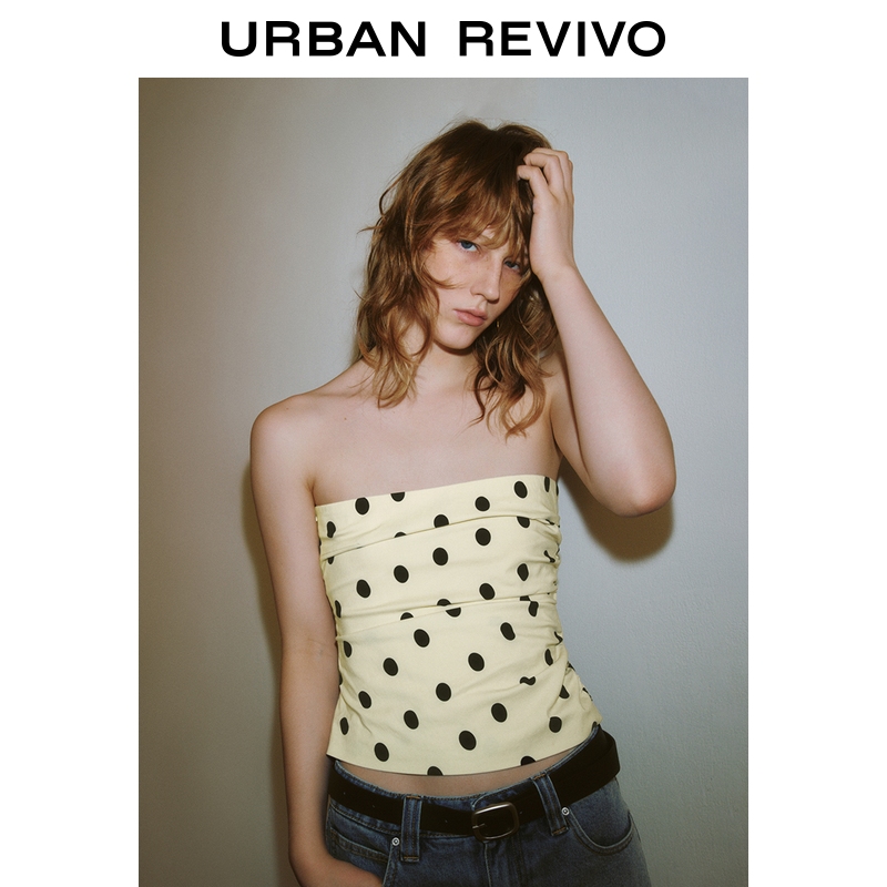 UR2025春季新款女装复古撞色波点一字露肩罩衫衬衫UWG250071