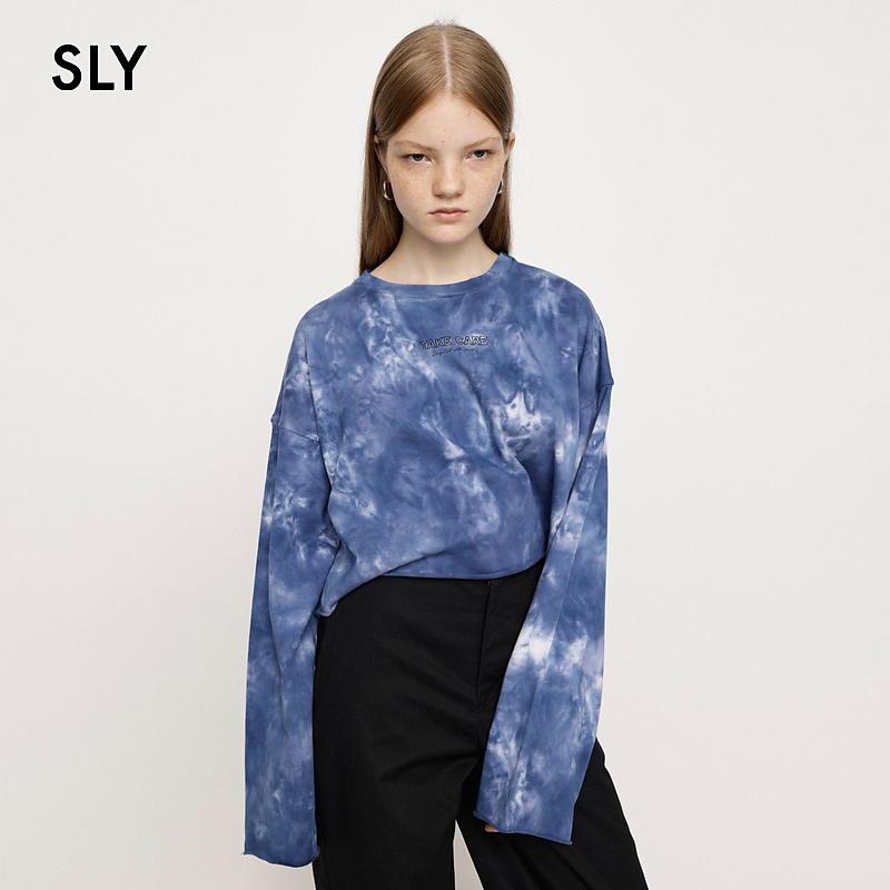 【达人专享】SLY 扎染风字母刺绣甜酷长袖短款T恤女038GAL90-4020