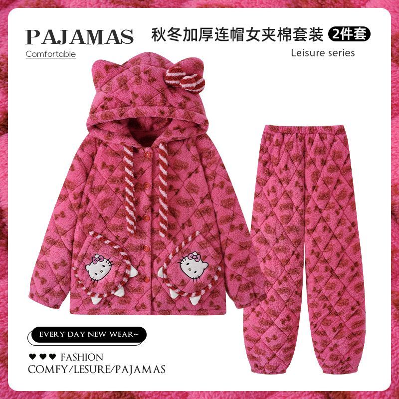 2025年冬季HelloKitty睡衣女长毛绒三层夹棉珊瑚绒加绒加厚家居服