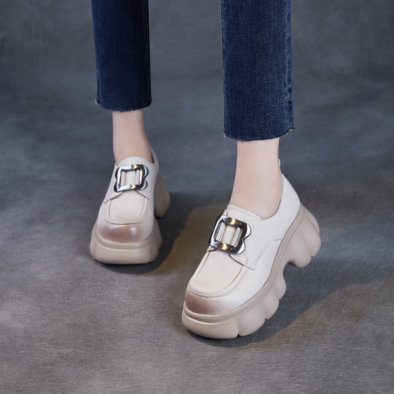 【老张手工】2025春季新款高跟厚底乐福鞋女真皮复古大头皮鞋女单鞋