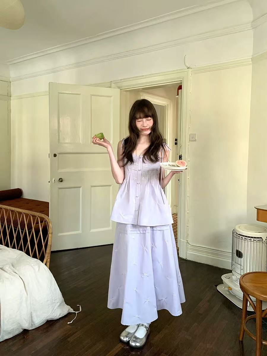 香芋紫色蕾丝系带刺绣蝴蝶结夏季吊带上衣半身裙两件套套装