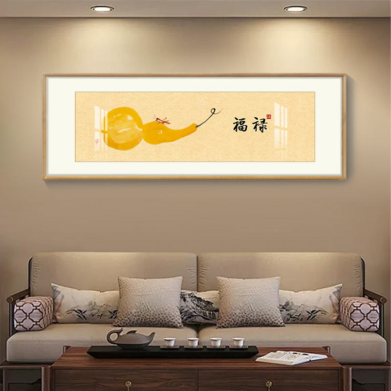 客厅山水画高端背景墙挂画作品农村国画横版复刻装裱福禄图版画