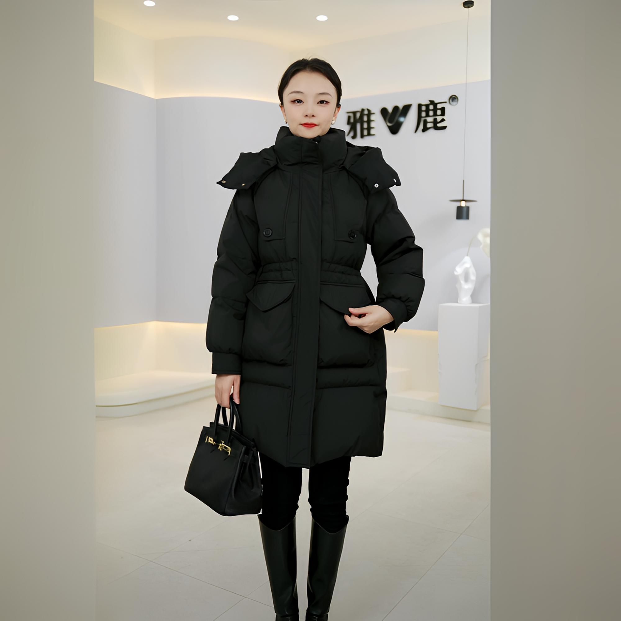 V/雅鹿YLT01Z08270新款中长款帽子可拆90%白鸭绒羽绒服宽松外女