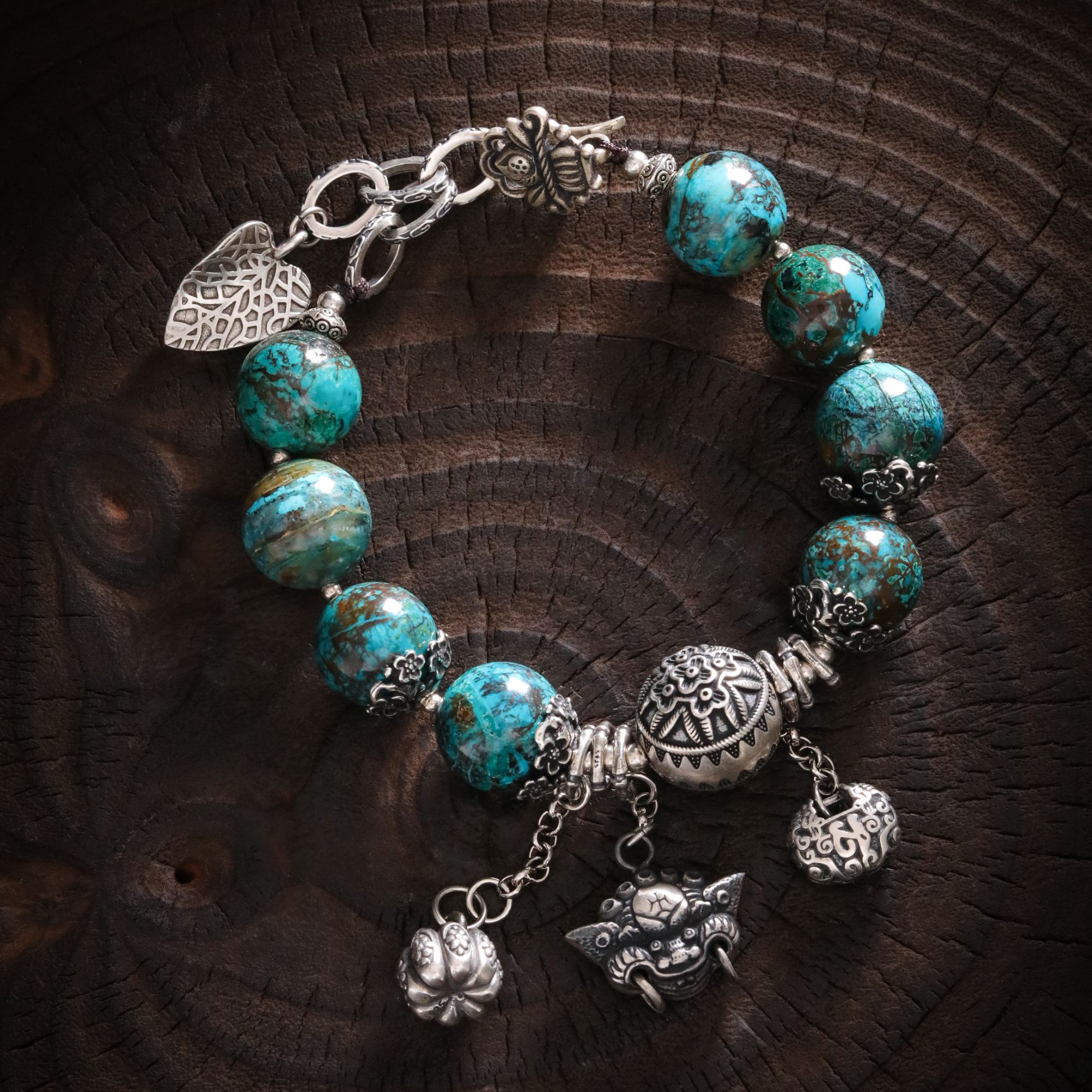 925银手链 大头姐S11031 门环吞米兽花朵圆珠蓝色串珠手链