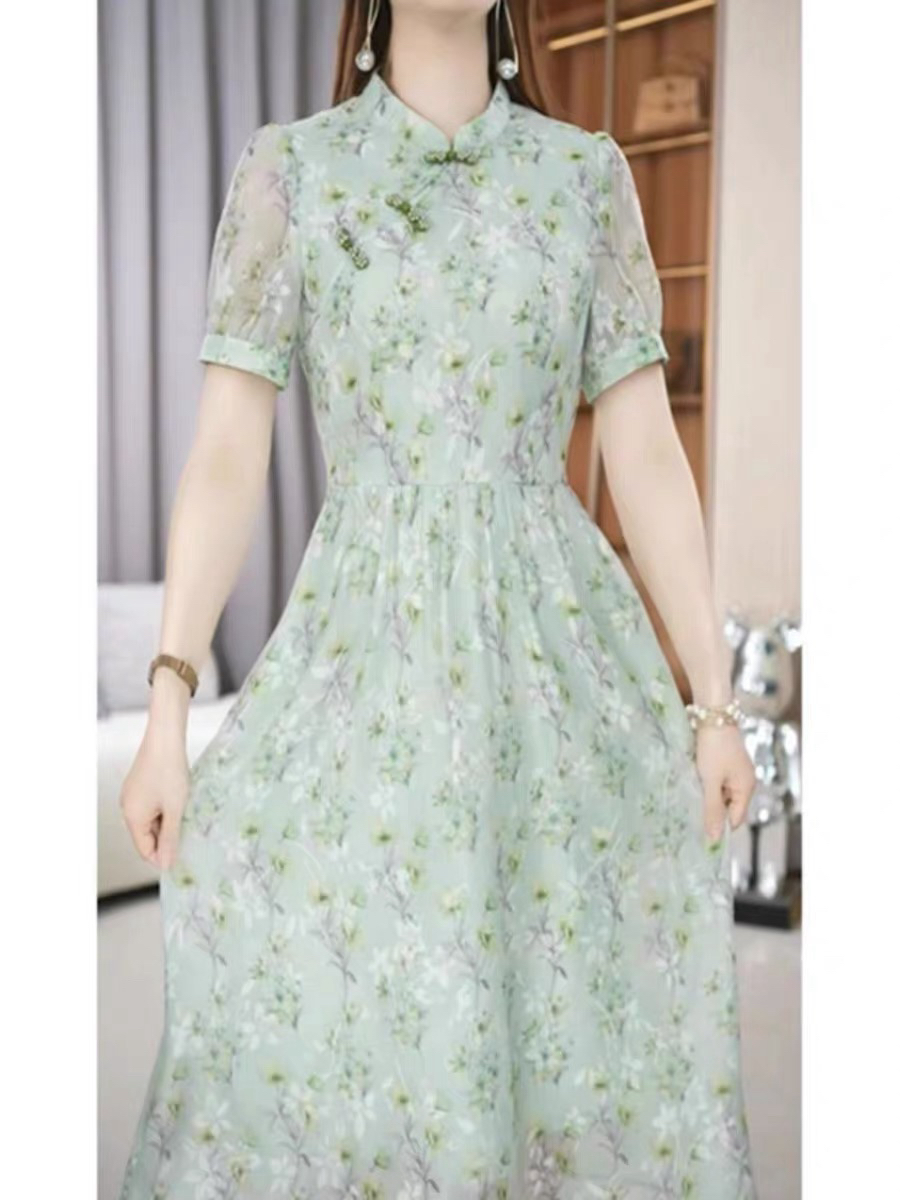A0609立领减龄修身显瘦遮肚夏季国风印花短袖连衣裙