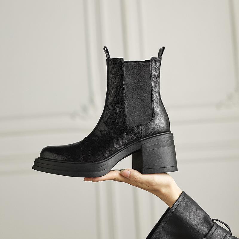 头层羊皮！7.5cm切尔西靴女静音厚底高跟短靴圆头套筒拼接马丁靴