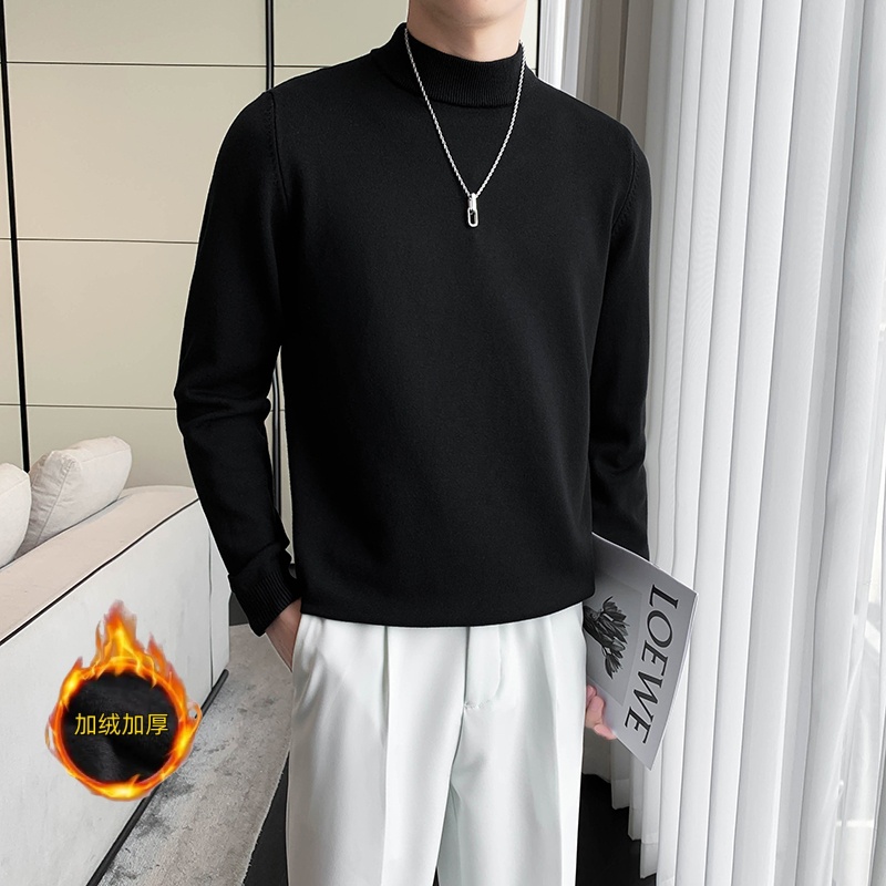 冬季新款加绒加厚针织衫男士半高领纯色百搭毛衣中领帅气打底衫潮