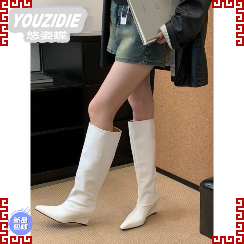 YOUZIDIE2025秋冬新款时尚尖头坡跟长靴高筒骑士靴朋克复古风直筒