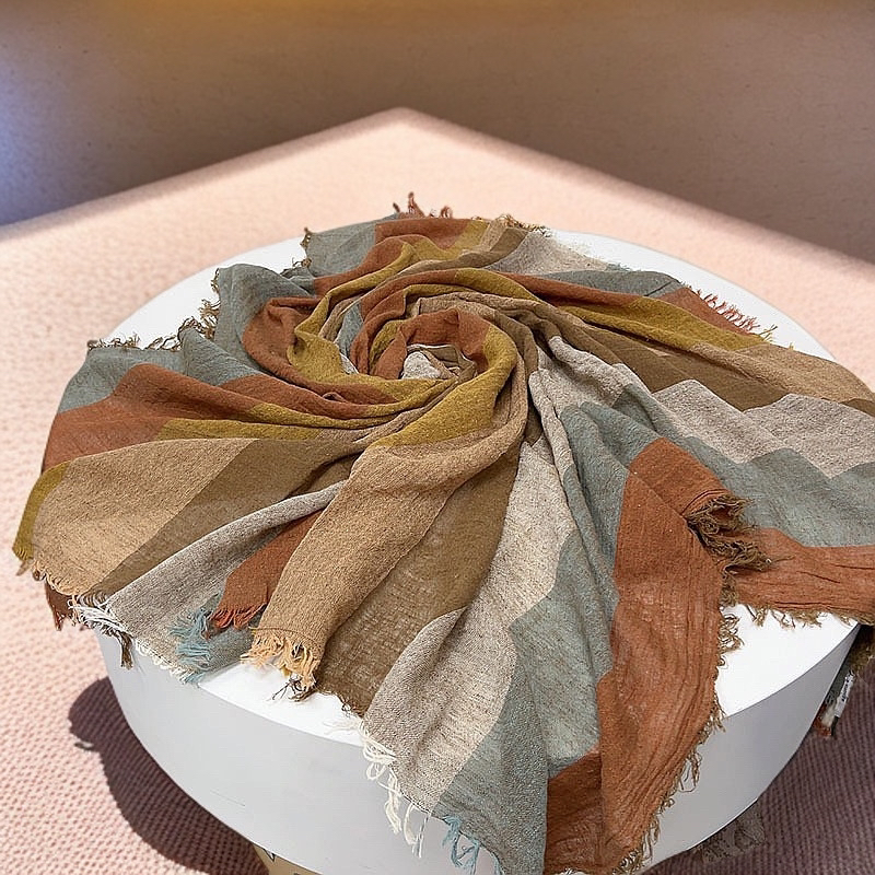 民族风文艺条纹长棉麻薄款女常规百搭复古文艺小清新条纹围巾