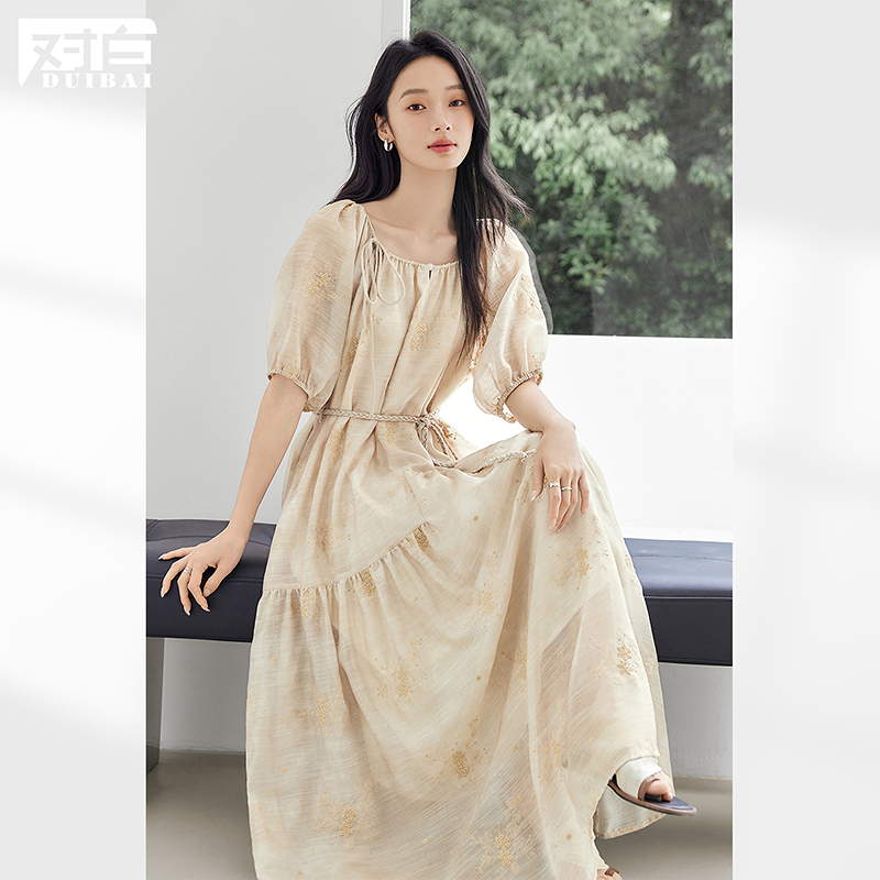 【绿子粉丝专享】D01对白高级感刺绣印花圆领连衣裙女裙子FDQ114