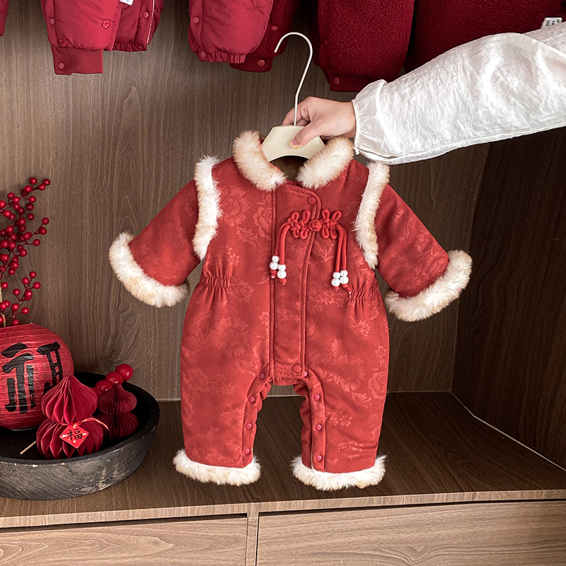 国风婴儿过年喜庆衣服夹棉冬季连体衣百天宝宝外出拜年服周岁冬装
