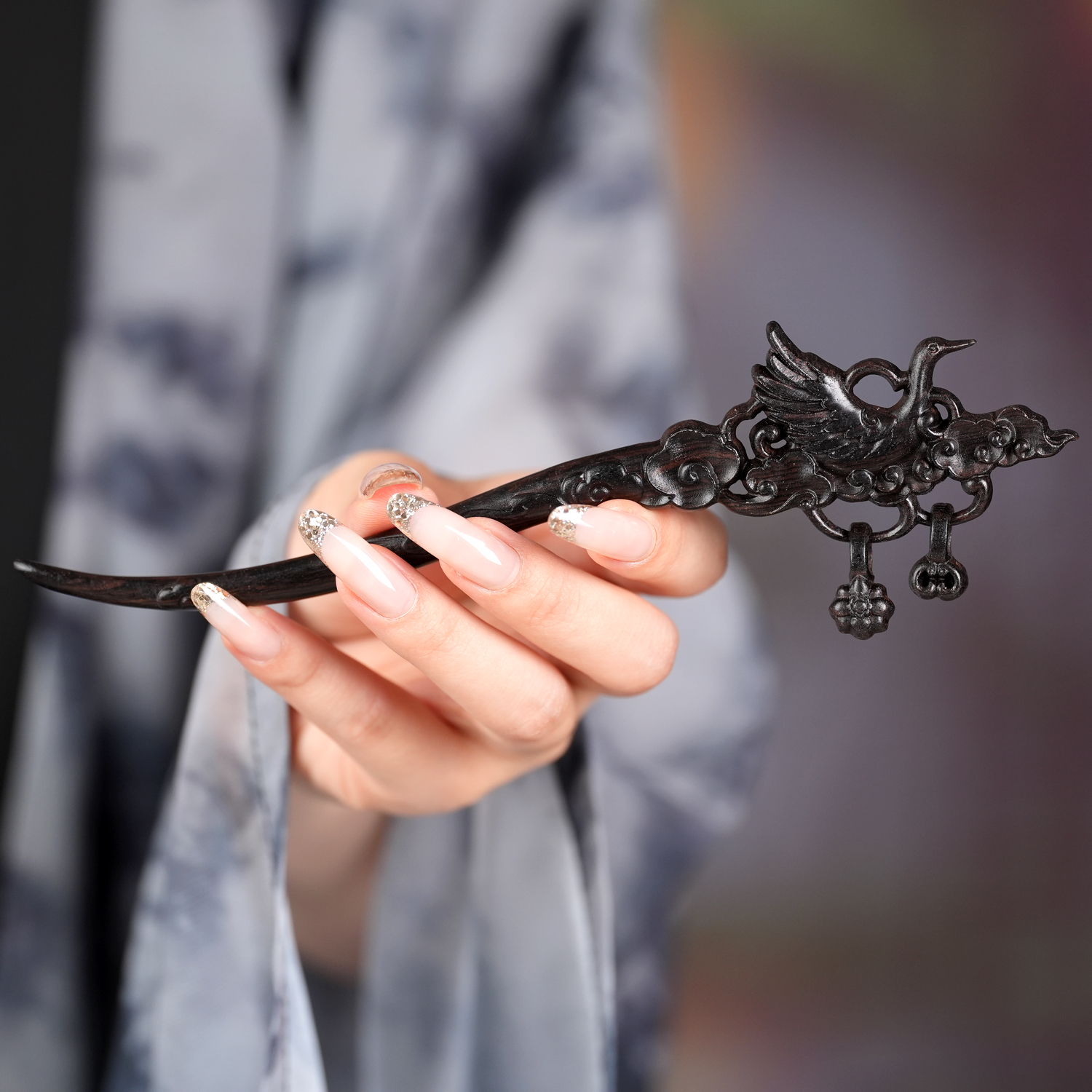 原创国潮新中式高级感仙鹤发簪云中鹤古风檀木簪子马面裙旗袍发饰