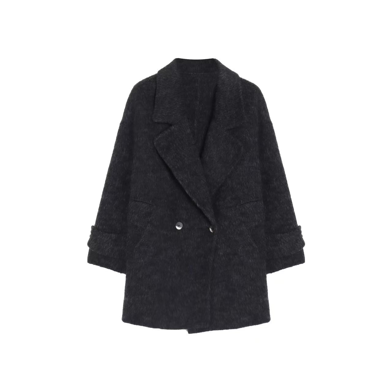 蜗牛家新款百搭气质款简约西装领中长款兔毛大衣686018