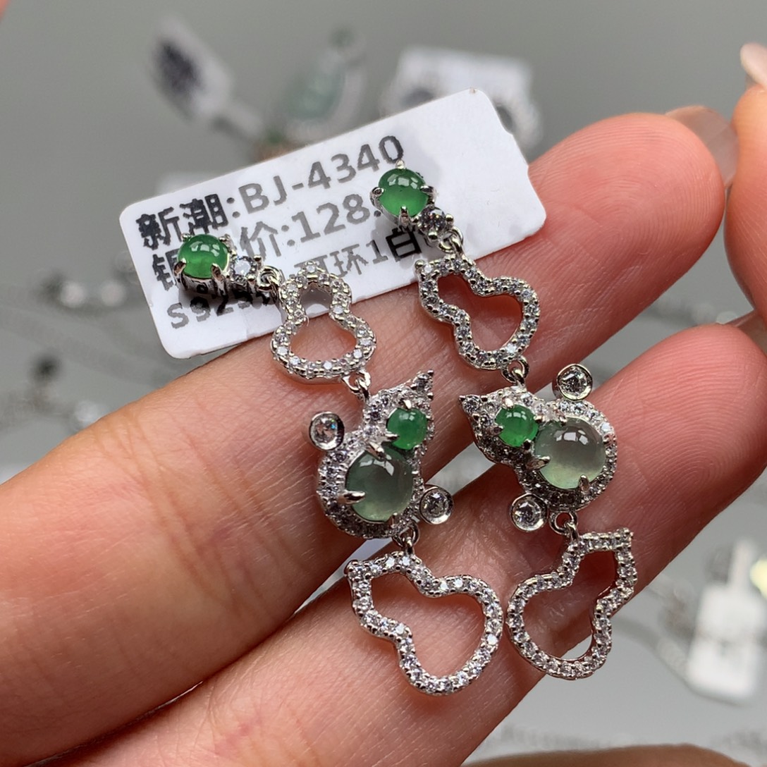 翡翠银S925镶嵌戒指耳钉