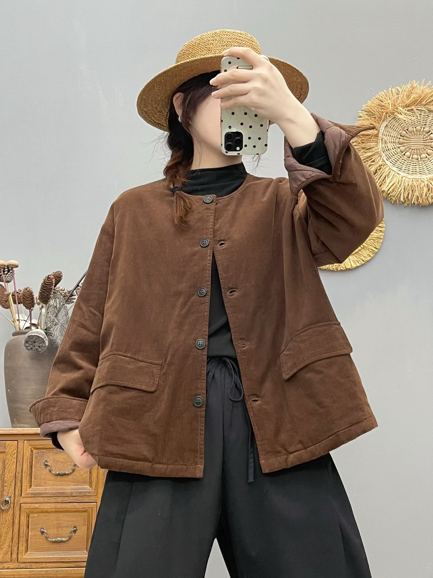 新款女装灯芯绒夹棉外套女宽松圆领长袖薄款棉服上衣百搭文艺
