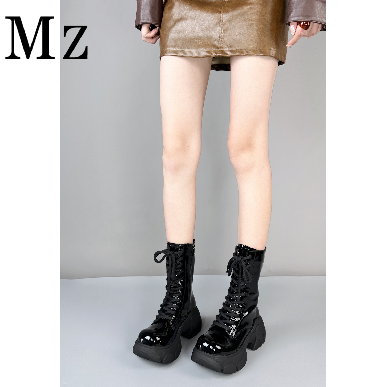 Mr.Zheng/7cm/厚底系带增高马丁靴个性百搭秋冬新款亮面女靴短靴