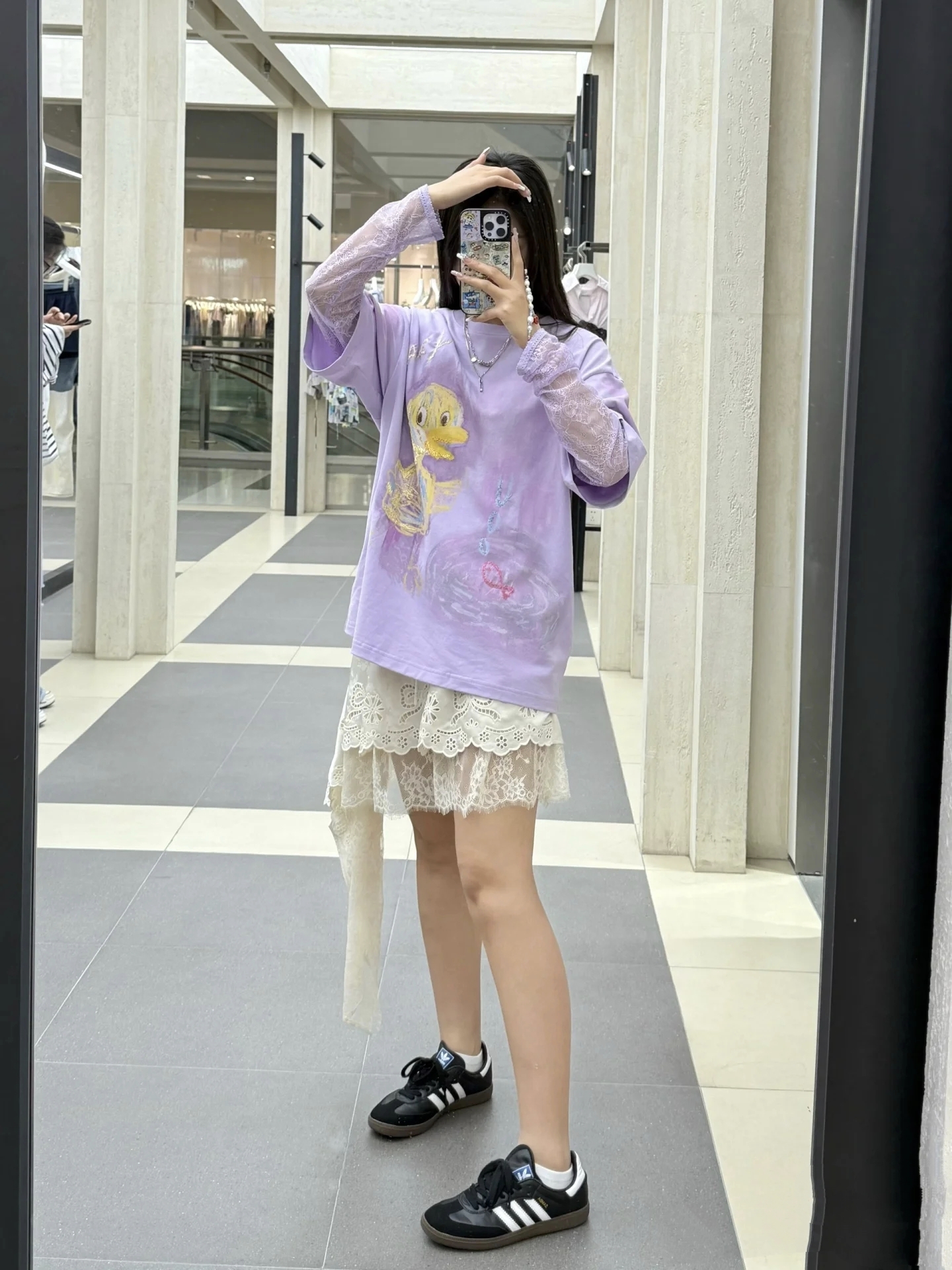 正尾～丫2025夏季新款「白日梦」手绘小鸭蕾丝长袖假两件T恤