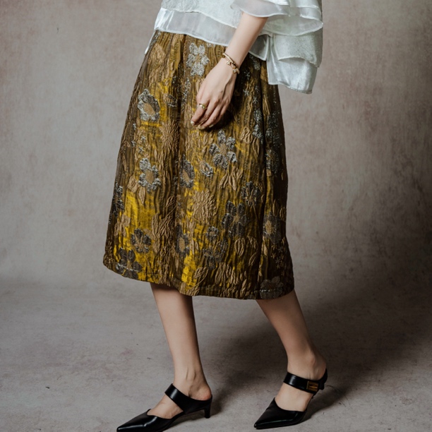 夏日清凉K2105-2【芳菲入梦】金缕棕浮雕刺绣提花7分真丝里衬阔腿裤