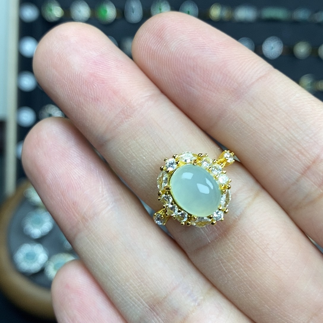 岫玉银S925镶嵌戒指 天青冻