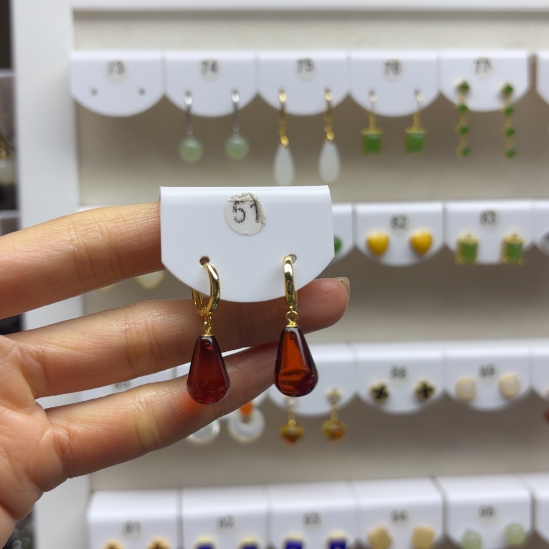 血珀银S925镶嵌耳饰