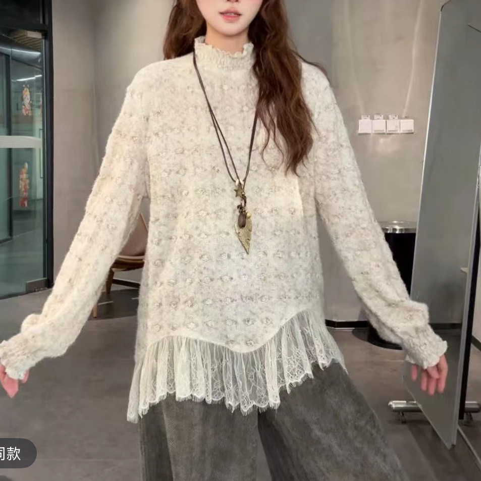 紫一冬季气质长款不规则碎花蕾丝衫女内搭下摆不规则宽松打底衫