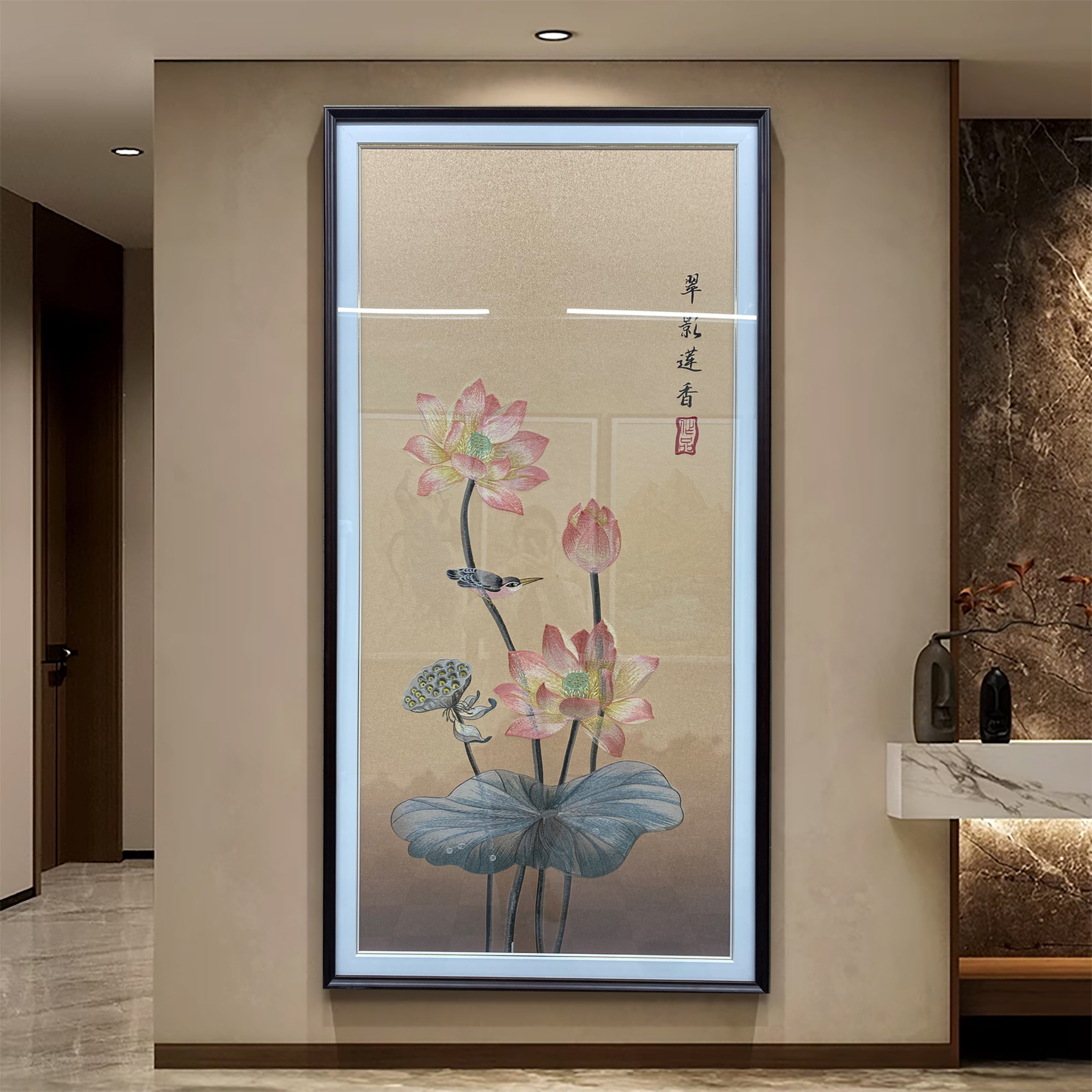 新中式【翠影莲香】荷花织锦刺绣挂画高级感玄关入户高端装饰画