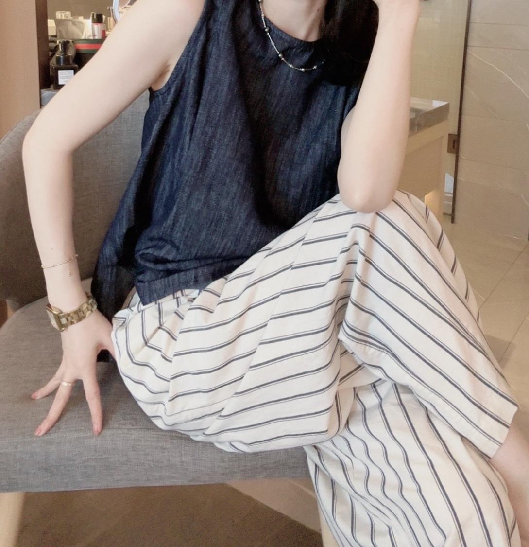 夏季松紧腰竖条纹瘦版阔腿裤2025新款百搭气质时尚休闲裤宽松女装