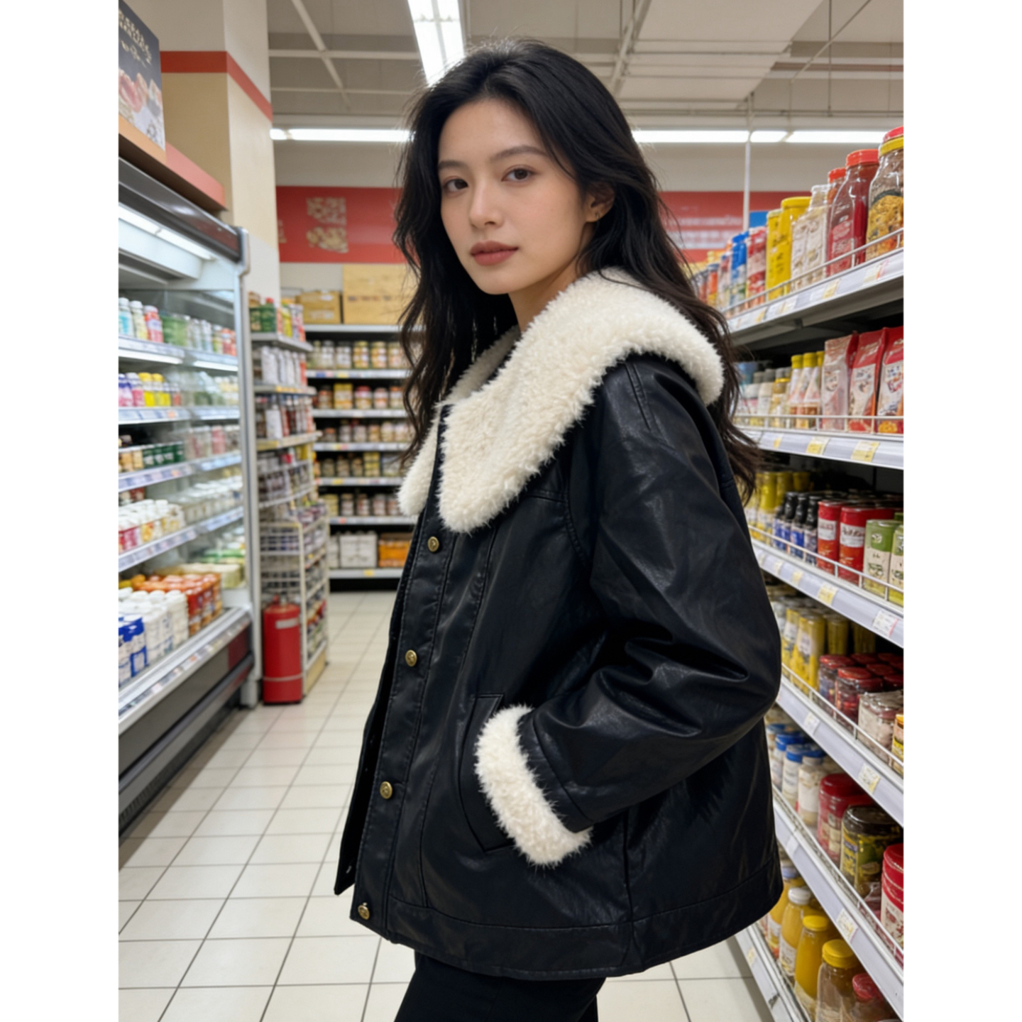 妮妮家127冬季新款时尚洋气显瘦百搭加厚毛毛娃娃领皮衣外套