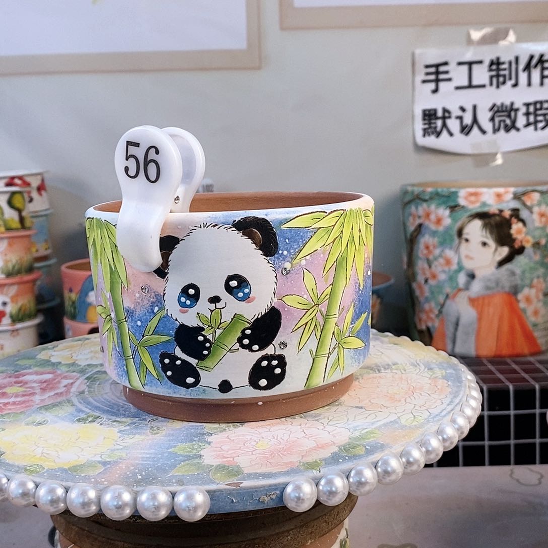 紫砂花盆淡*红陶手绘花盆