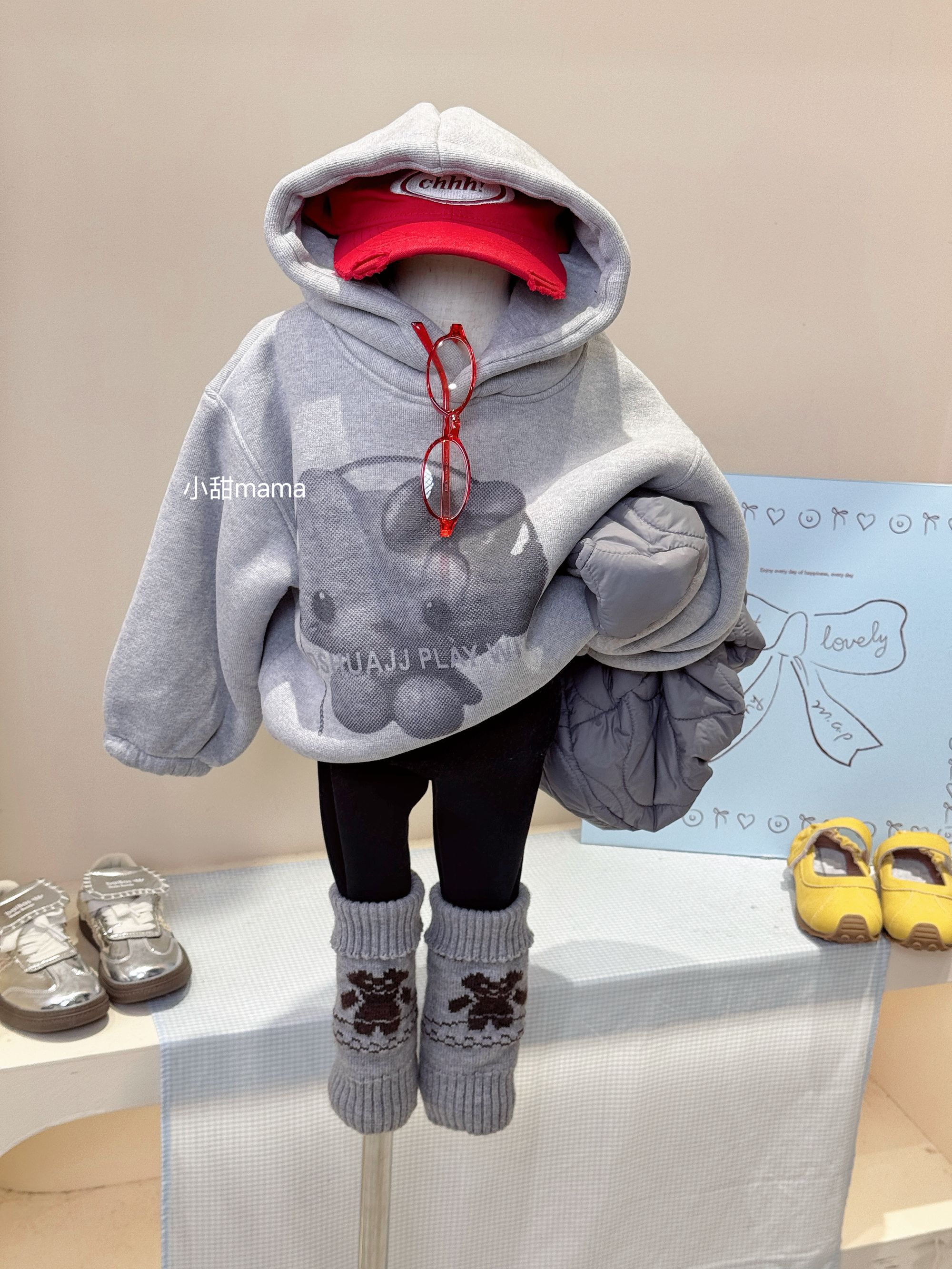 现货女童冬季加绒加厚连帽KT猫卫衣袜套打底裤套装女宝洋气两件套