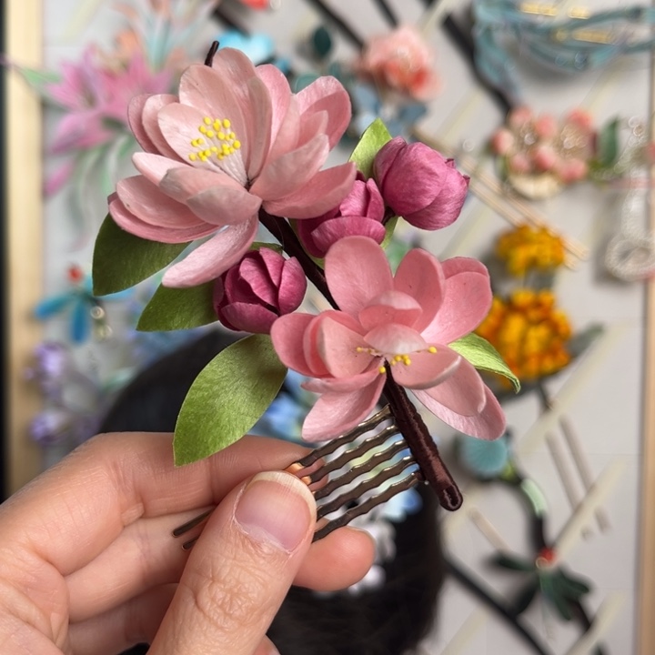 粉色扁绒绒花发簪5