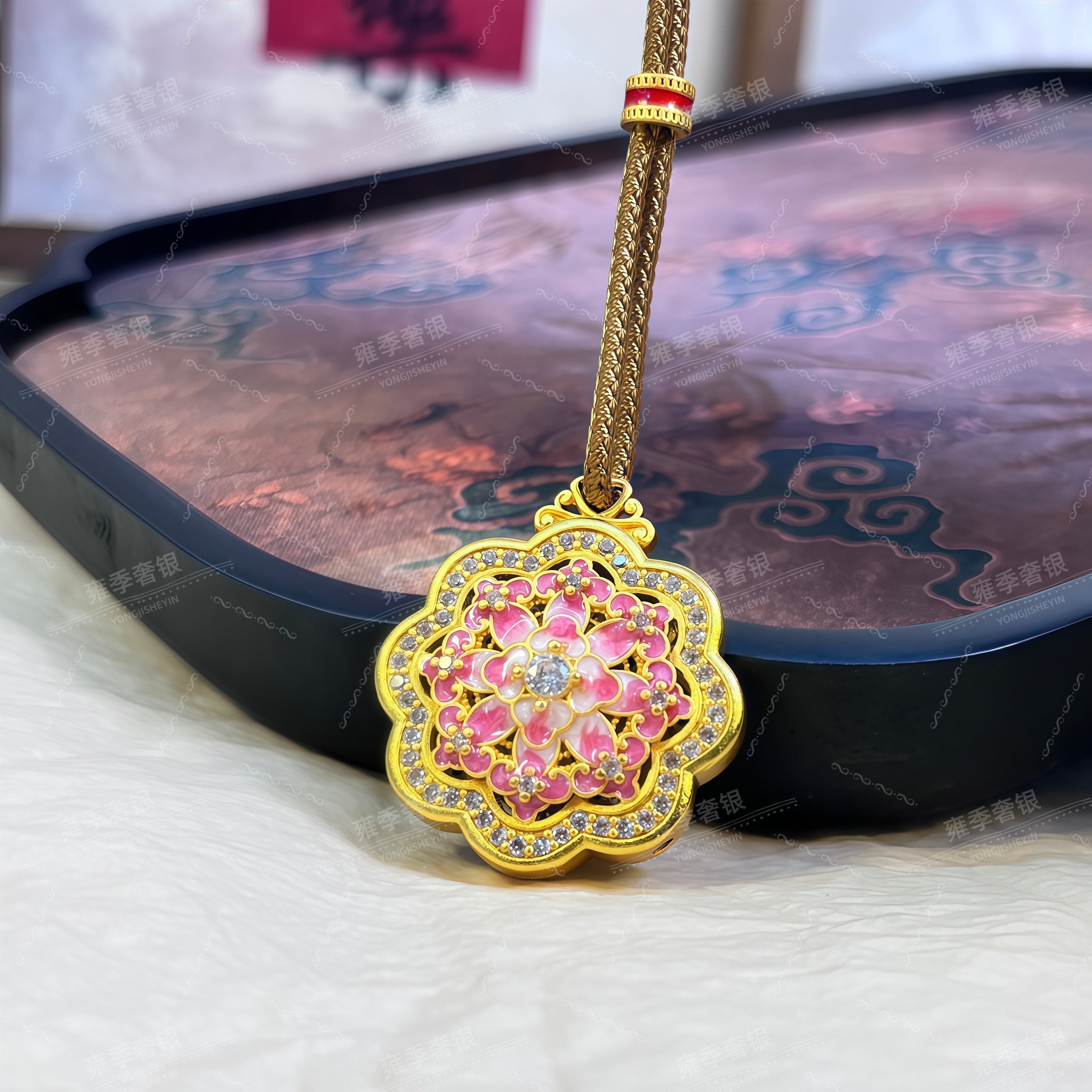 吊坠足银 【珐琅金丝牡丹】珐琅彩镶钻颐莲牡丹花足银镂空国风吊坠