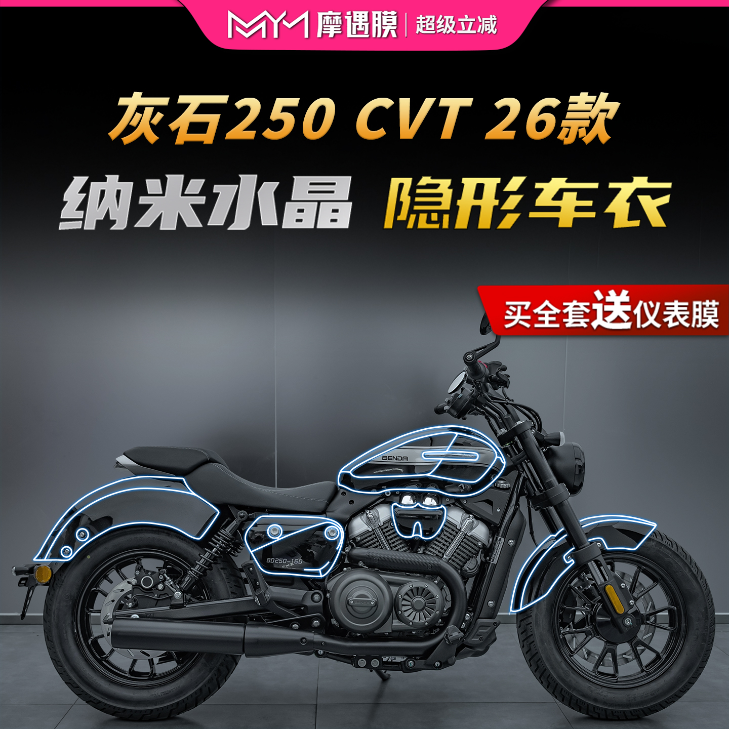 适用于26款奔达灰石250CVT隐形车衣贴纸TPU透明贴膜摩托车改装件