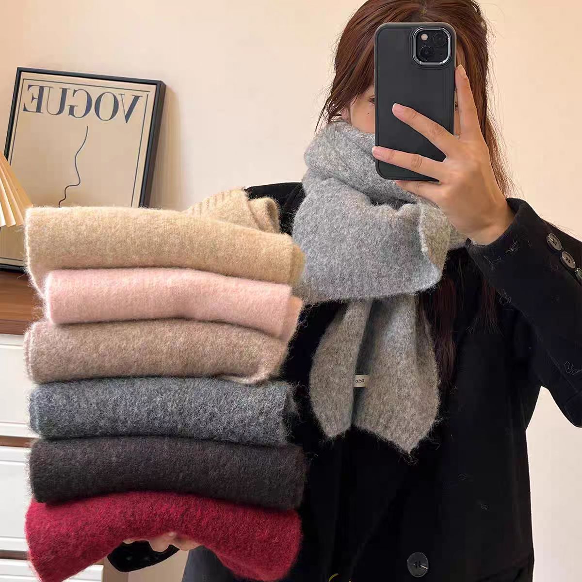 韩系针织毛线蓝色围巾冬季女2025新款含羊毛加厚保暖防寒护颈围脖