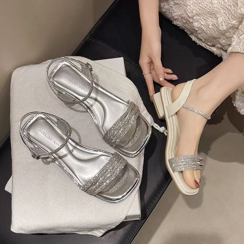 新款夏季网红百搭仙女风配裙子水钻粗跟中跟一字带凉鞋女69819