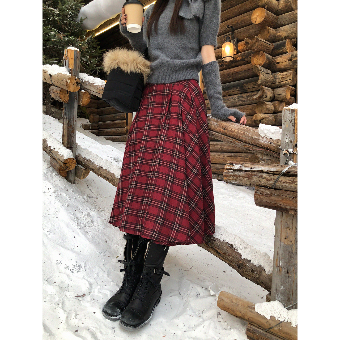 【HRG】冬季圣诞氛围感格子条纹百褶A字半身裙SF2762#