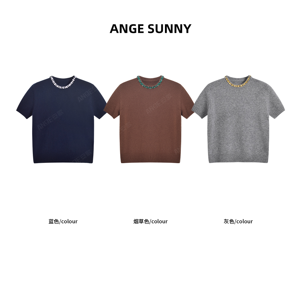 曲阳 ANGE SUNNY【三角标水晶领100羊毛衫】水钻装饰圆领短袖针织衫