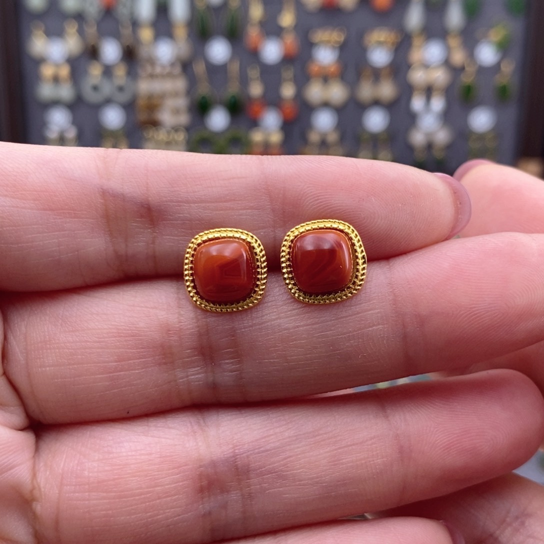 银S925镶嵌和田玉耳饰面*