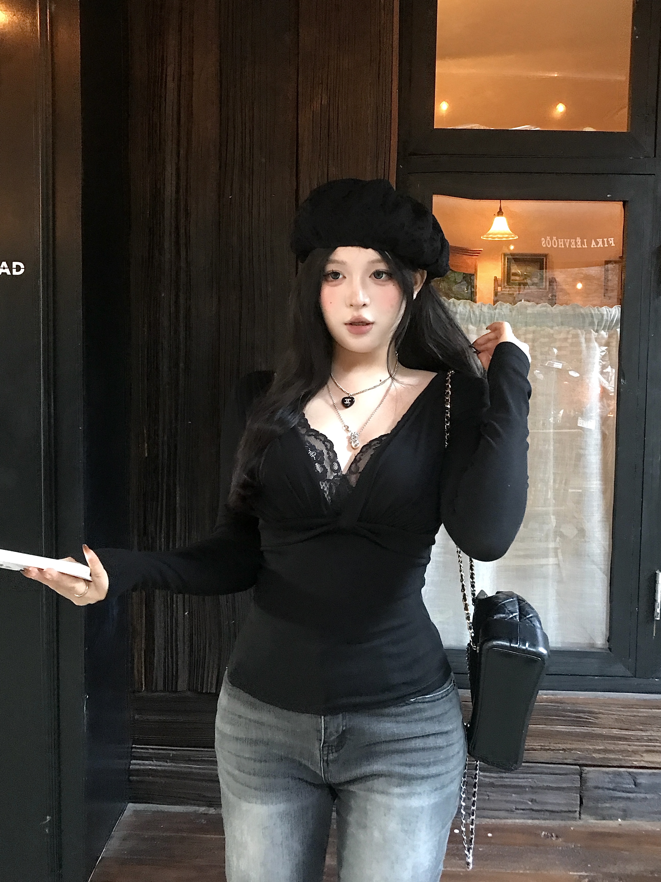 黑泽玄七假两件蕾丝长袖t恤女早秋季内搭设计感纯欲短款扭结上衣