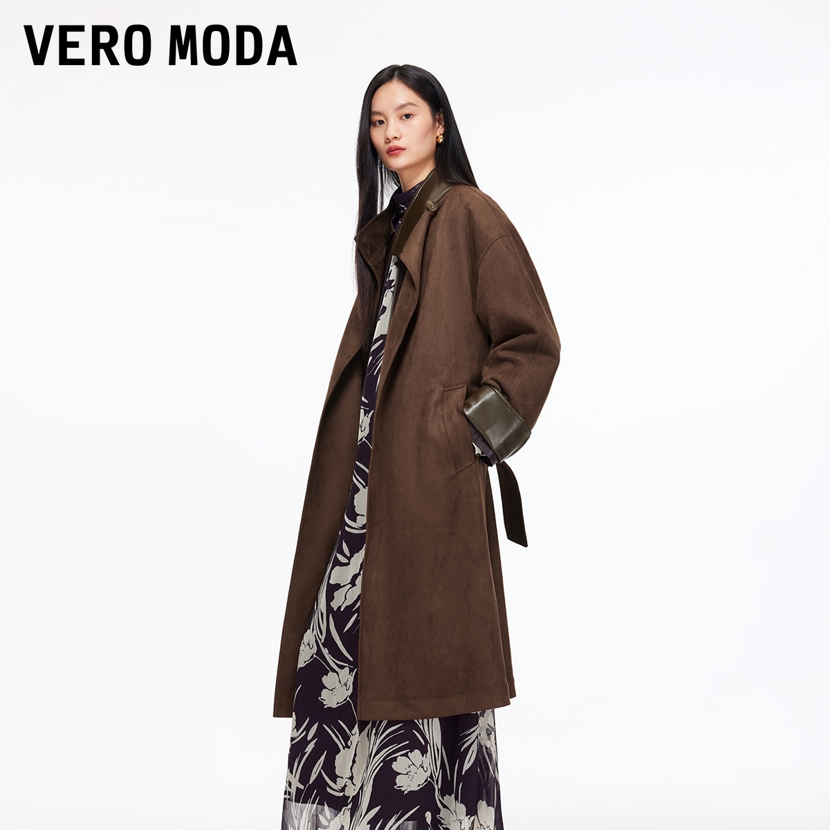 Vero Moda风衣2025冬季新款绒面质感腰带宽松拼接外套时尚百搭