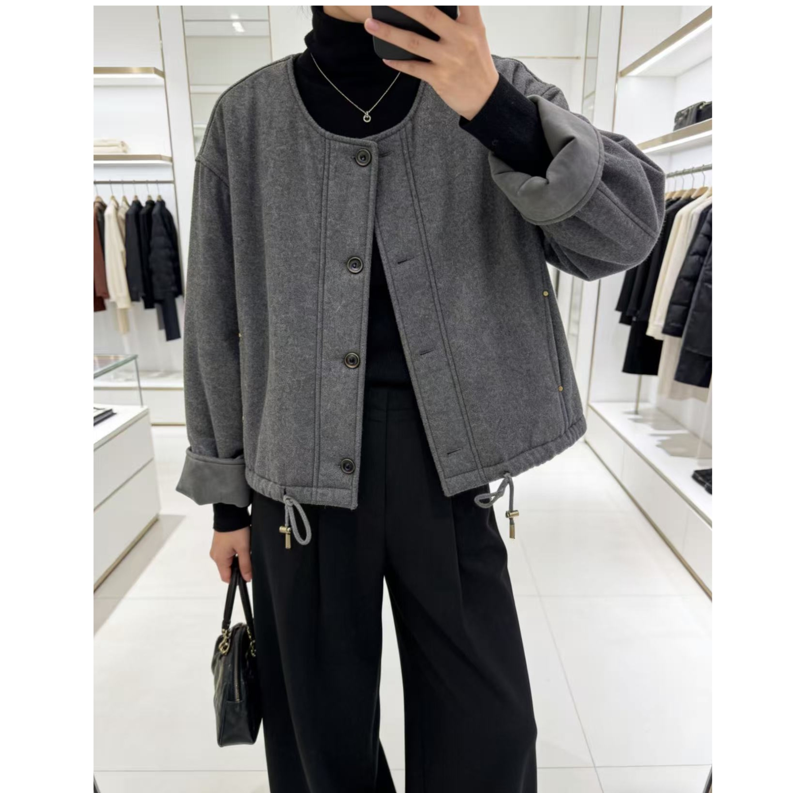 XJ 高货！羊毛夹层！M胸112长55单排扣圆领保暖棉衣外套上衣 4526